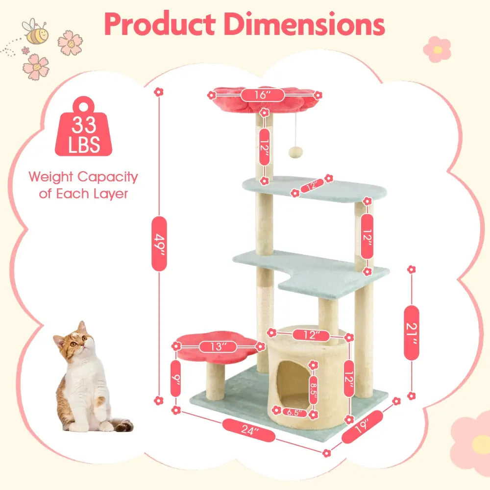 49 Inch Tall Multi-Level Aesthetic Floral Kitten Tower with Flower-Shaped Plush Padded Perch-Multicolor - Multicolor