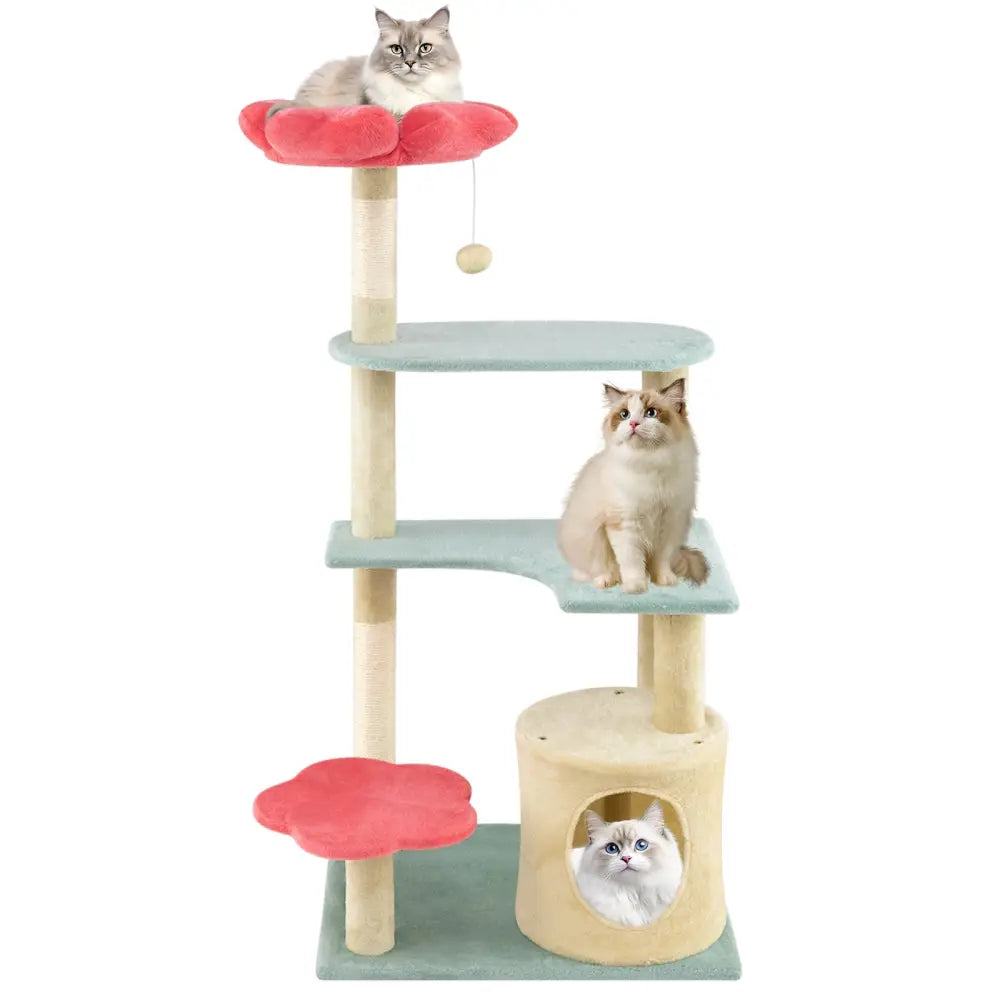 49 Inch Tall Multi-Level Aesthetic Floral Kitten Tower with Flower-Shaped Plush Padded Perch-Multicolor - Multicolor