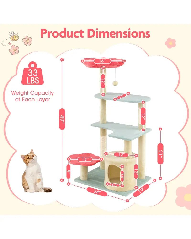 49 Inch Tall Multi-Level Aesthetic Floral Kitten Tower with Flower-Shaped Plush Padded Perch-Multicolor - Multicolor