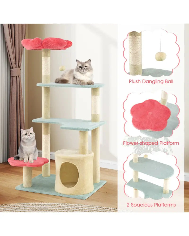 49 Inch Tall Multi-Level Aesthetic Floral Kitten Tower with Flower-Shaped Plush Padded Perch-Multicolor - Multicolor