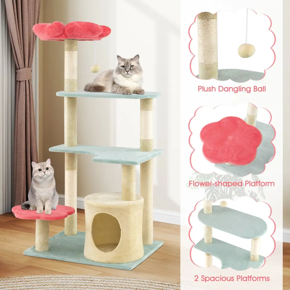 49 Inch Tall Multi-Level Aesthetic Floral Kitten Tower with Flower-Shaped Plush Padded Perch-Multicolor - Multicolor