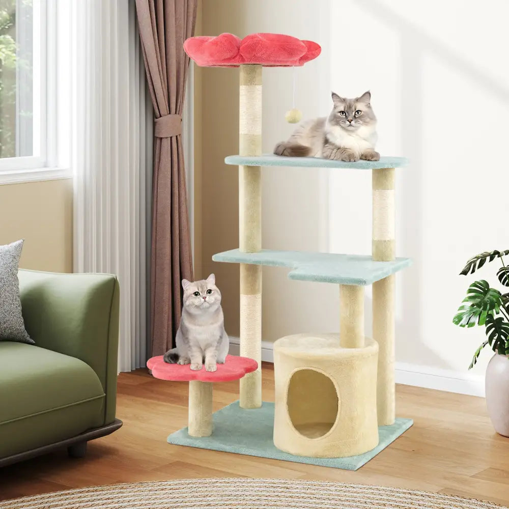 49 Inch Tall Multi-Level Aesthetic Floral Kitten Tower with Flower-Shaped Plush Padded Perch-Multicolor - Multicolor