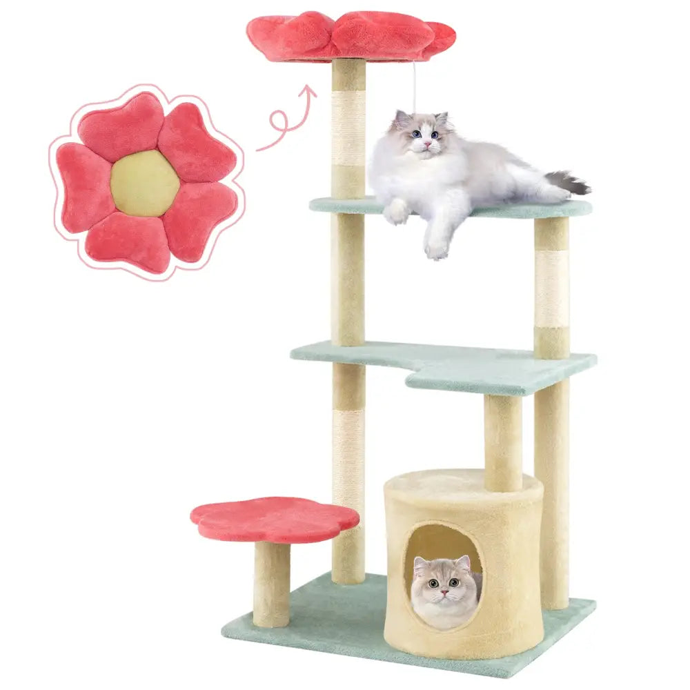49 Inch Tall Multi-Level Aesthetic Floral Kitten Tower with Flower-Shaped Plush Padded Perch-Multicolor - Multicolor