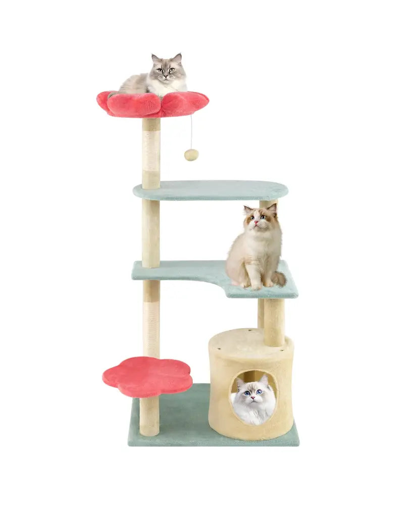 49 Inch Tall Multi-Level Aesthetic Floral Kitten Tower with Flower-Shaped Plush Padded Perch-Multicolor - Multicolor