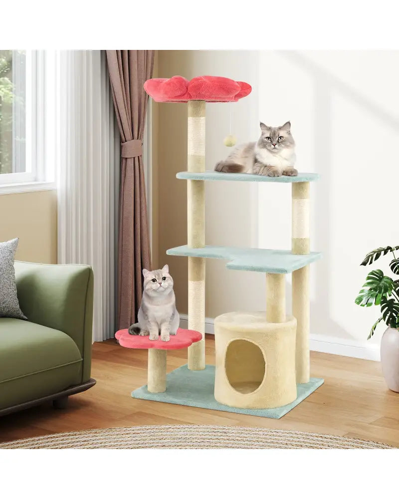 49 Inch Tall Multi-Level Aesthetic Floral Kitten Tower with Flower-Shaped Plush Padded Perch-Multicolor - Multicolor