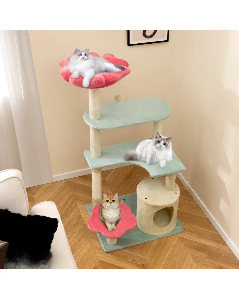 49 Inch Tall Multi-Level Aesthetic Floral Kitten Tower with Flower-Shaped Plush Padded Perch-Multicolor - Multicolor