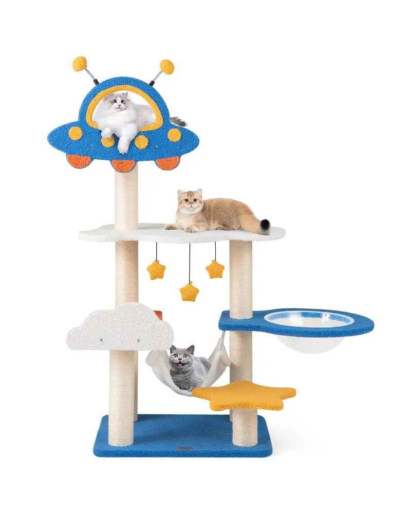 49 Inches Tall Cat Tree with UFO Top Perch Space Capsule and Sisal Scratching Posts-Blue - Blue - Cat Trees Condos &
