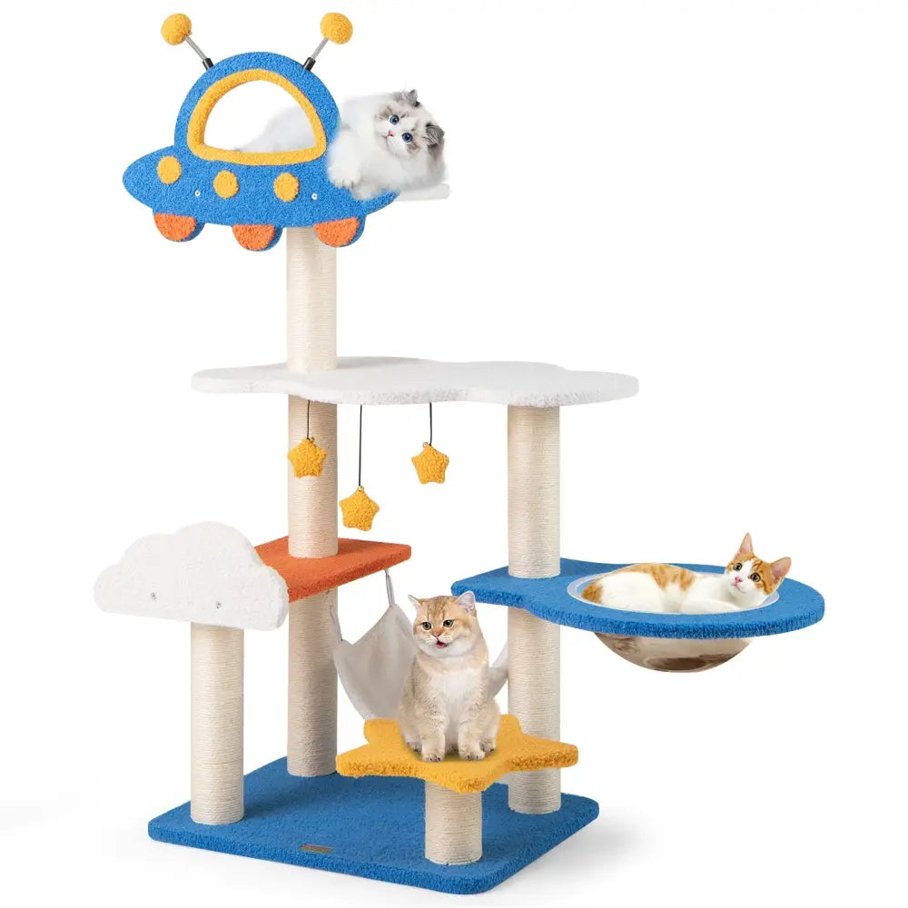 49 Inches Tall Cat Tree with UFO Top Perch Space Capsule and Sisal Scratching Posts-Blue - Blue - Cat Trees Condos &