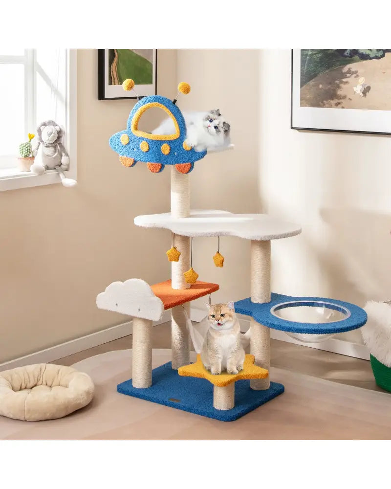 49 Inches Tall Cat Tree with UFO Top Perch Space Capsule and Sisal Scratching Posts-Blue - Blue - Cat Trees Condos &