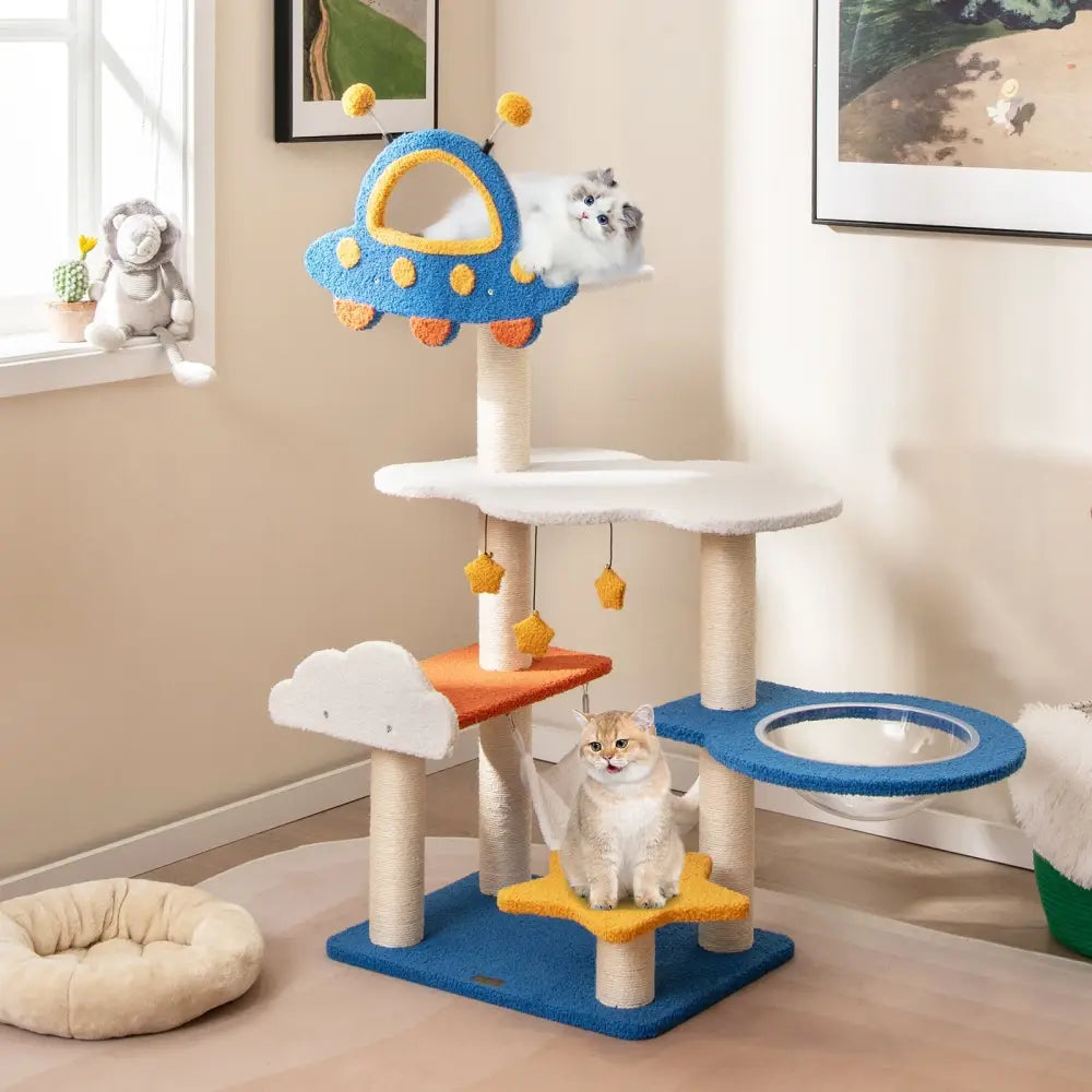 49 Inches Tall Cat Tree with UFO Top Perch Space Capsule and Sisal Scratching Posts-Blue - Blue - Cat Trees Condos &