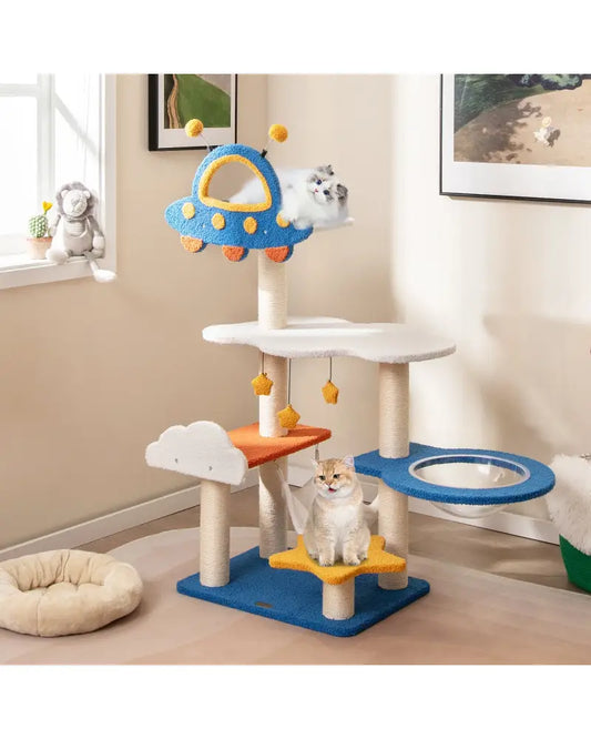 49 Inches Tall Cat Tree with UFO Top Perch Space Capsule and Sisal Scratching Posts-Blue - Blue - Cat Trees Condos &