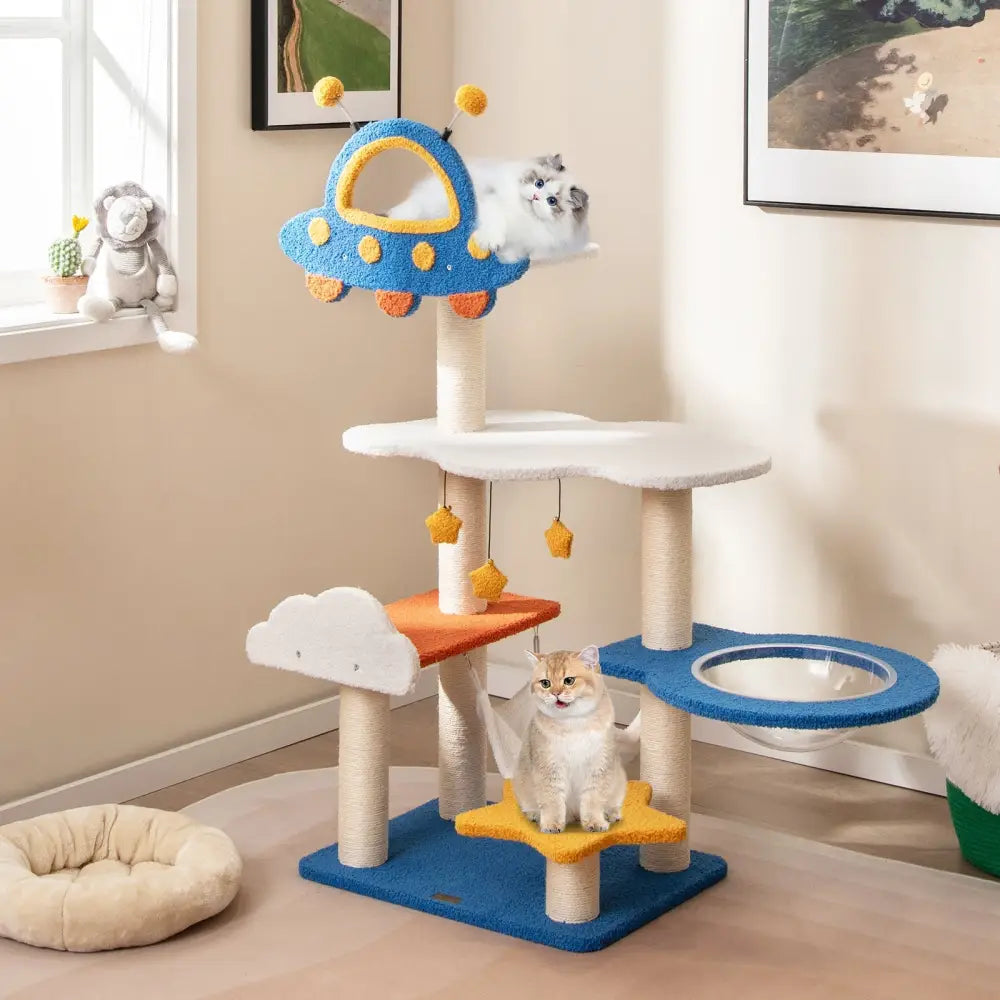 49 Inches Tall Cat Tree with UFO Top Perch Space Capsule and Sisal Scratching Posts-Blue - Blue - Cat Trees Condos &