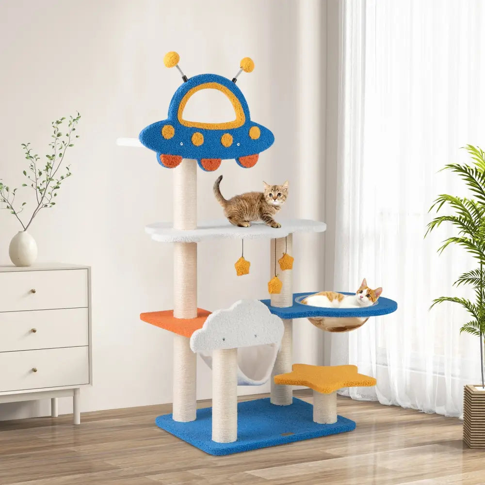 49 Inches Tall Cat Tree with UFO Top Perch Space Capsule and Sisal Scratching Posts-Blue - Blue - Cat Trees Condos &