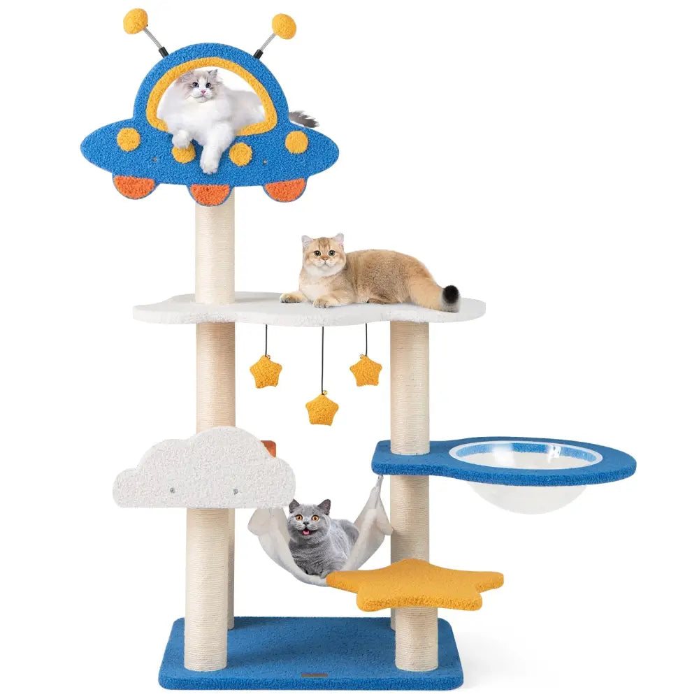 49 Inches Tall Cat Tree with UFO Top Perch Space Capsule and Sisal Scratching Posts-Blue - Blue - Cat Trees Condos &