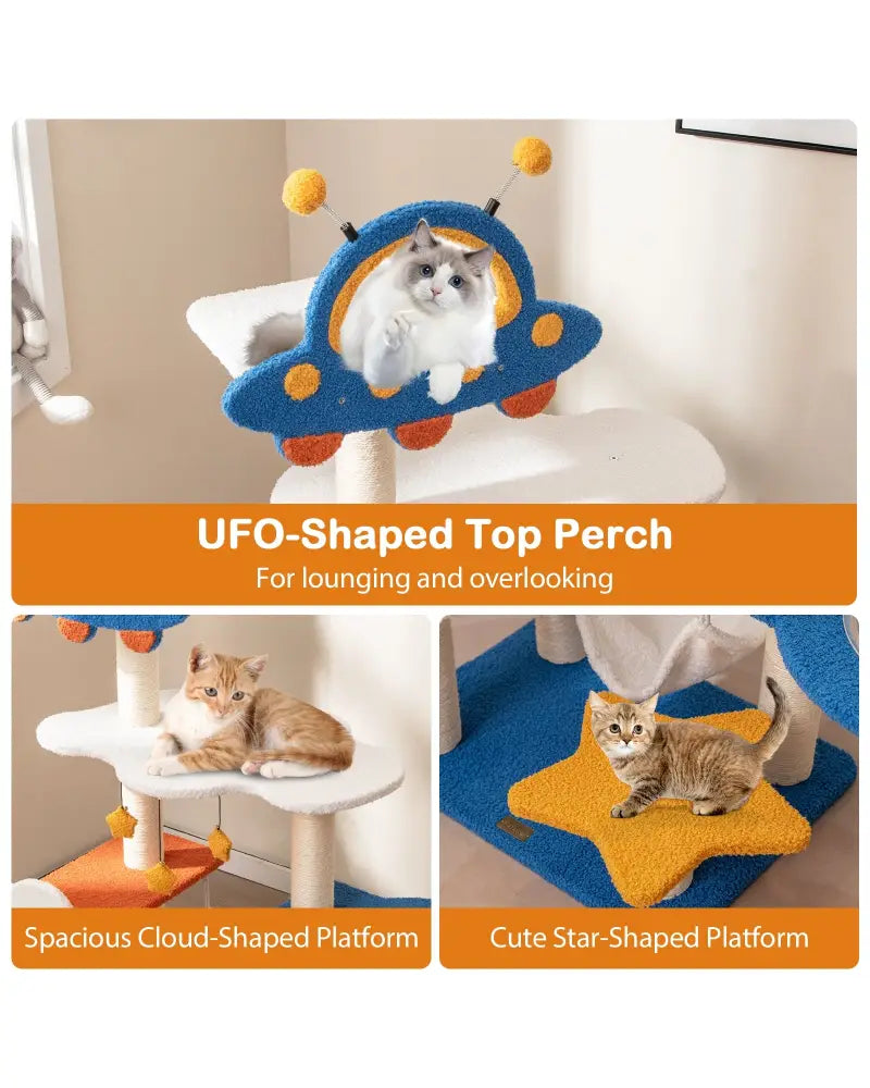 49 Inches Tall Cat Tree with UFO Top Perch Space Capsule and Sisal Scratching Posts-Blue - Blue - Cat Trees Condos &