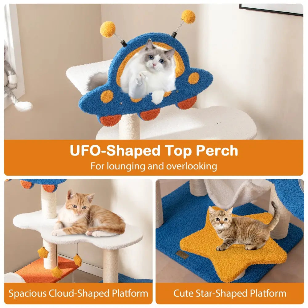 49 Inches Tall Cat Tree with UFO Top Perch Space Capsule and Sisal Scratching Posts-Blue - Blue - Cat Trees Condos &