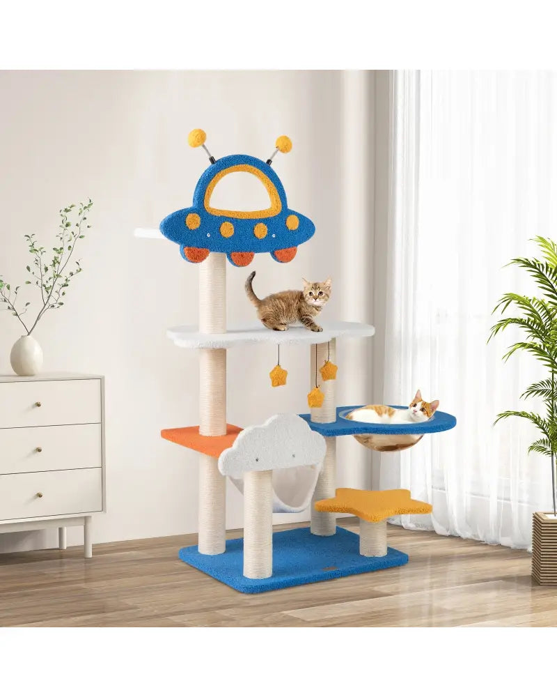 49 Inches Tall Cat Tree with UFO Top Perch Space Capsule and Sisal Scratching Posts-Blue - Blue - Cat Trees Condos &