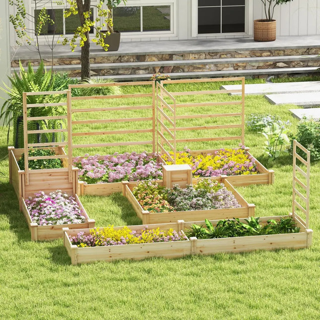 49 x 49 x 10 Inch Raised Garden Bed with Compost Bin and Open-ended Bottom-Natural - Natural - Raised Garden Beds