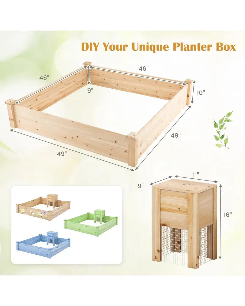 49 x 49 x 10 Inch Raised Garden Bed with Compost Bin and Open-ended Bottom-Natural - Natural - Raised Garden Beds