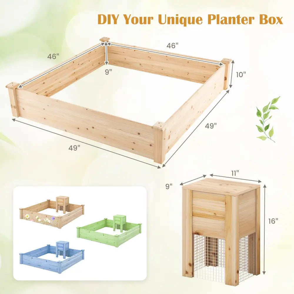 49 x 49 x 10 Inch Raised Garden Bed with Compost Bin and Open-ended Bottom-Natural - Natural - Raised Garden Beds
