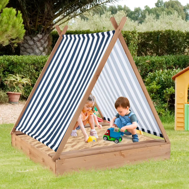 49 x 48 Inch Kids Wooden Sandbox with Cover and 2 Bench Seats - Natural - Sandboxes