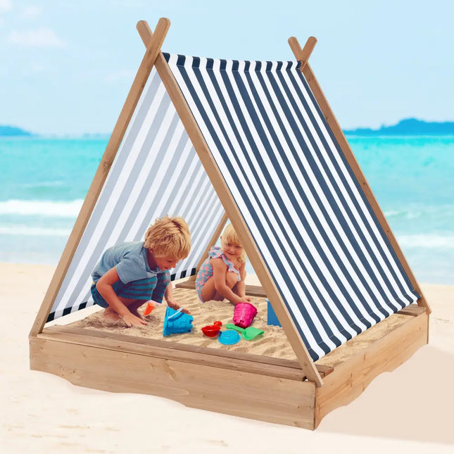 49 x 48 Inch Kids Wooden Sandbox with Cover and 2 Bench Seats - Natural - Sandboxes