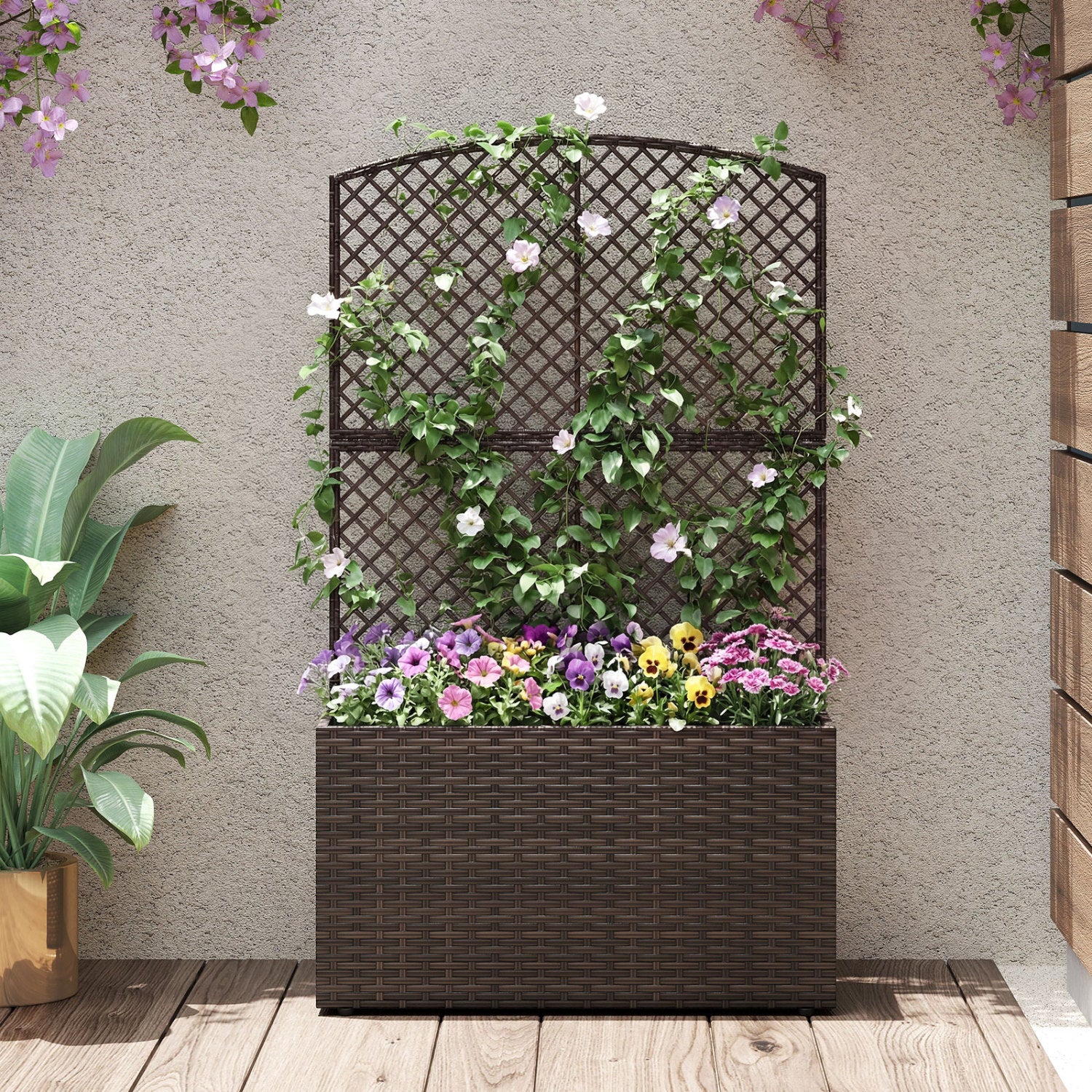 Jardinière surélevée de 124 cm avec treillis et bac en osier - Marron