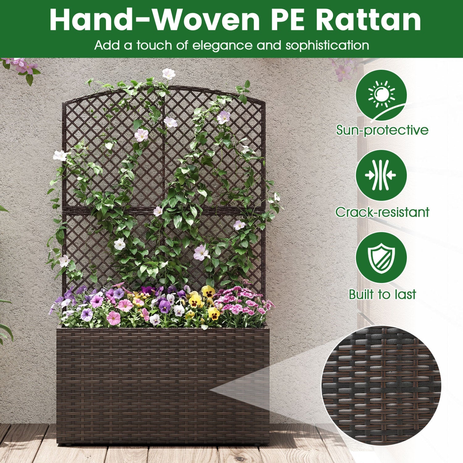 Jardinière surélevée de 124 cm avec treillis et bac en osier - Marron