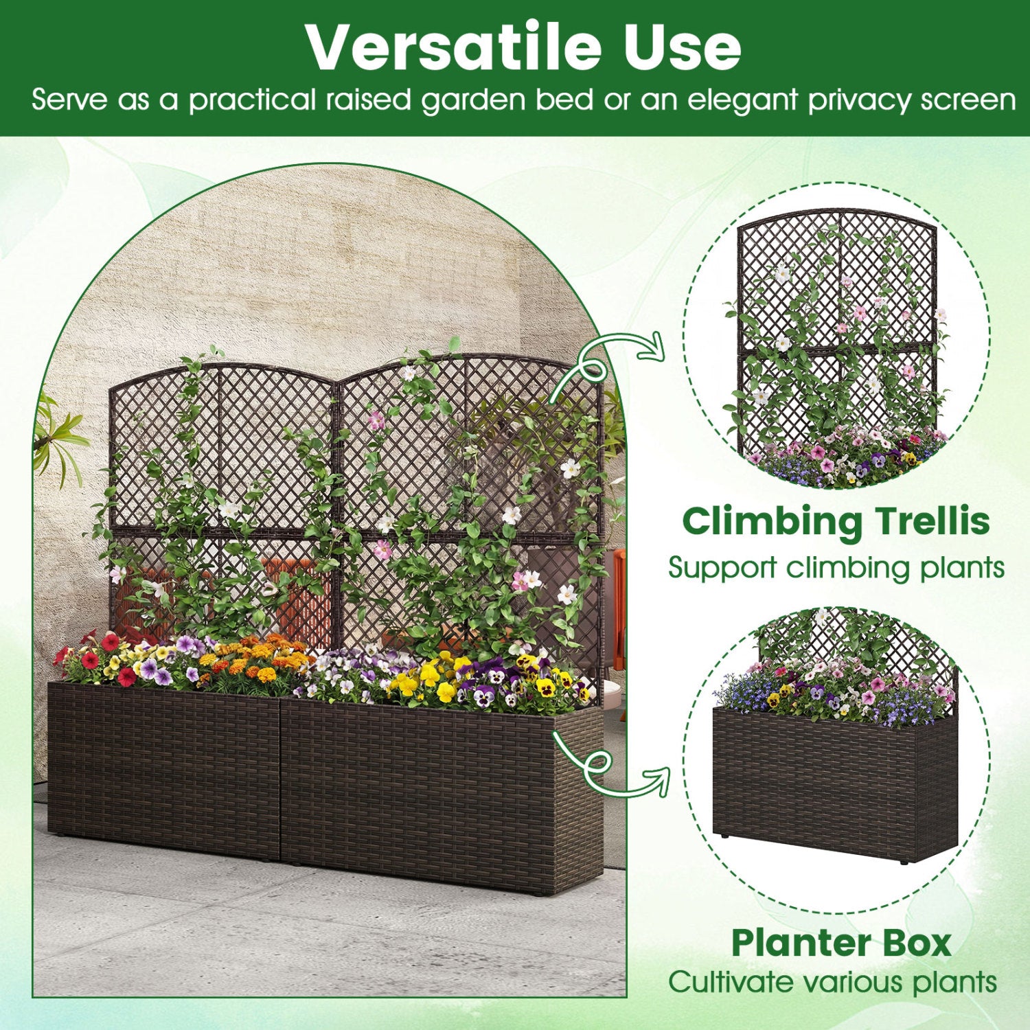 Jardinière surélevée de 124 cm avec treillis et bac en osier - Marron