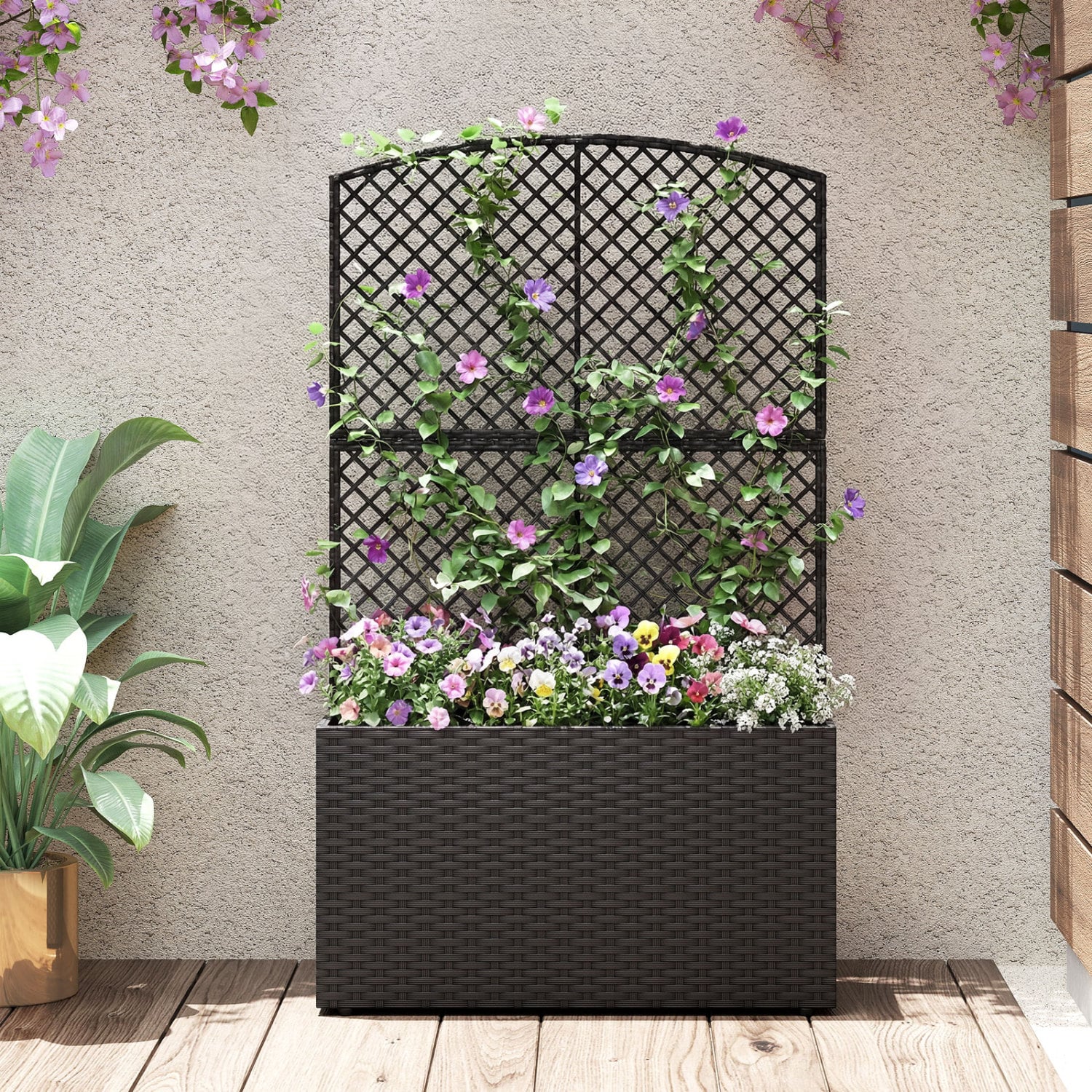 Jardinière surélevée de 124 cm avec treillis et bac en osier - Noir