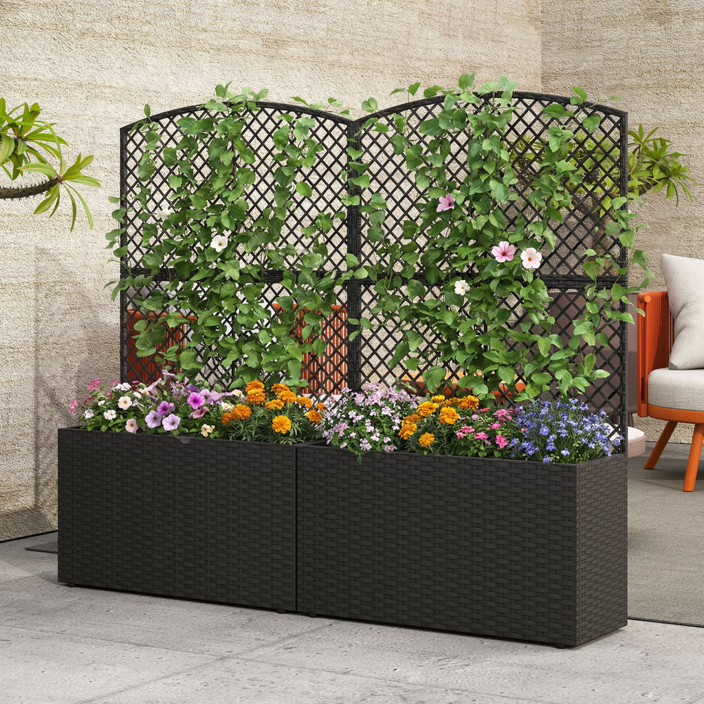Jardinière surélevée de 124 cm avec treillis et bac en osier - Noir