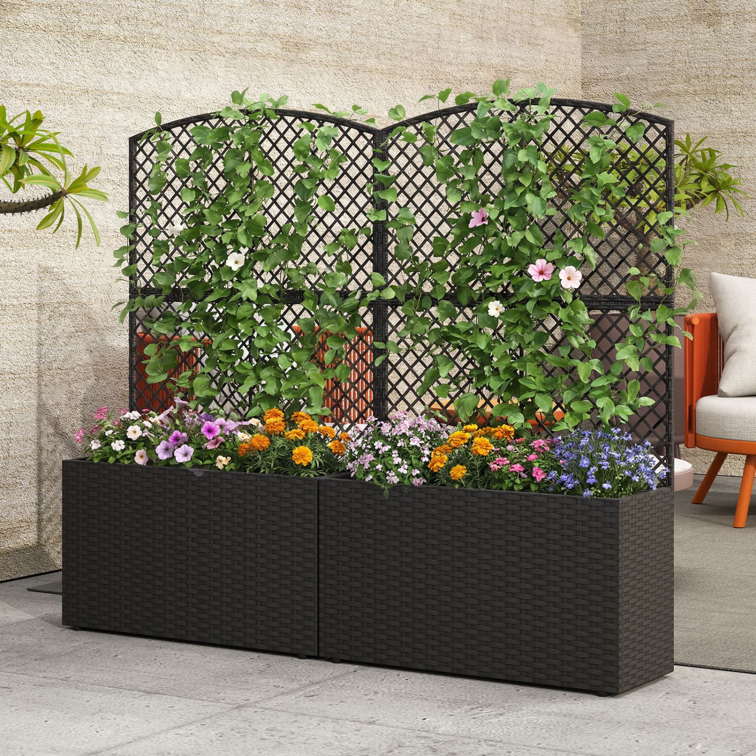 Jardinière surélevée de 124 cm avec treillis et bac en osier - Noir