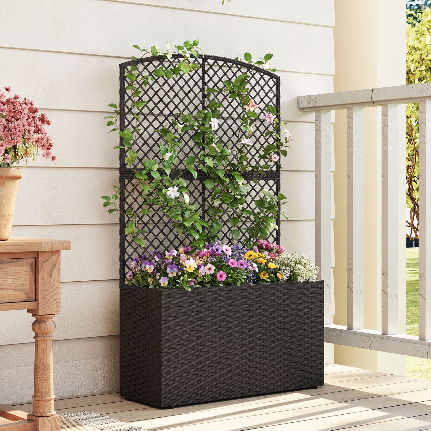 Jardinière surélevée de 124 cm avec treillis et bac en osier - Noir