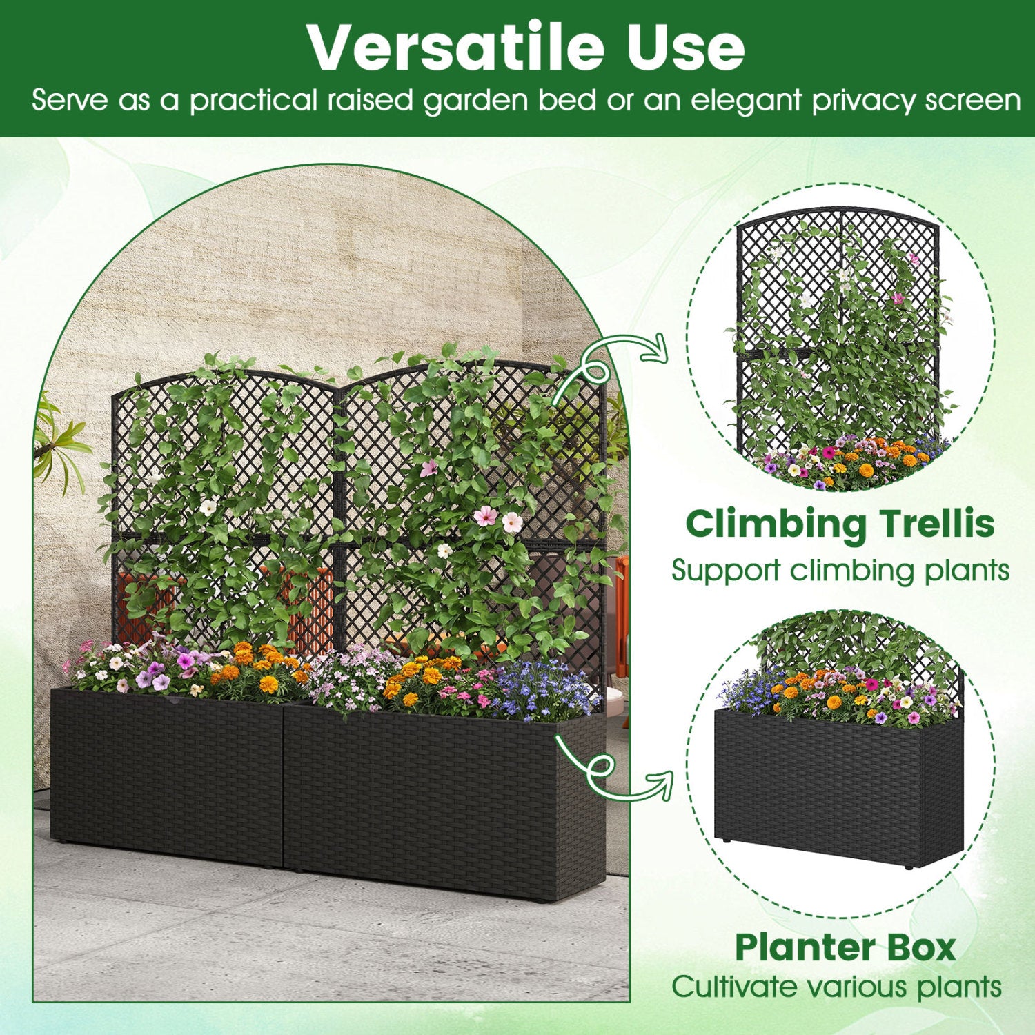 Jardinière surélevée de 124 cm avec treillis et bac en osier - Noir