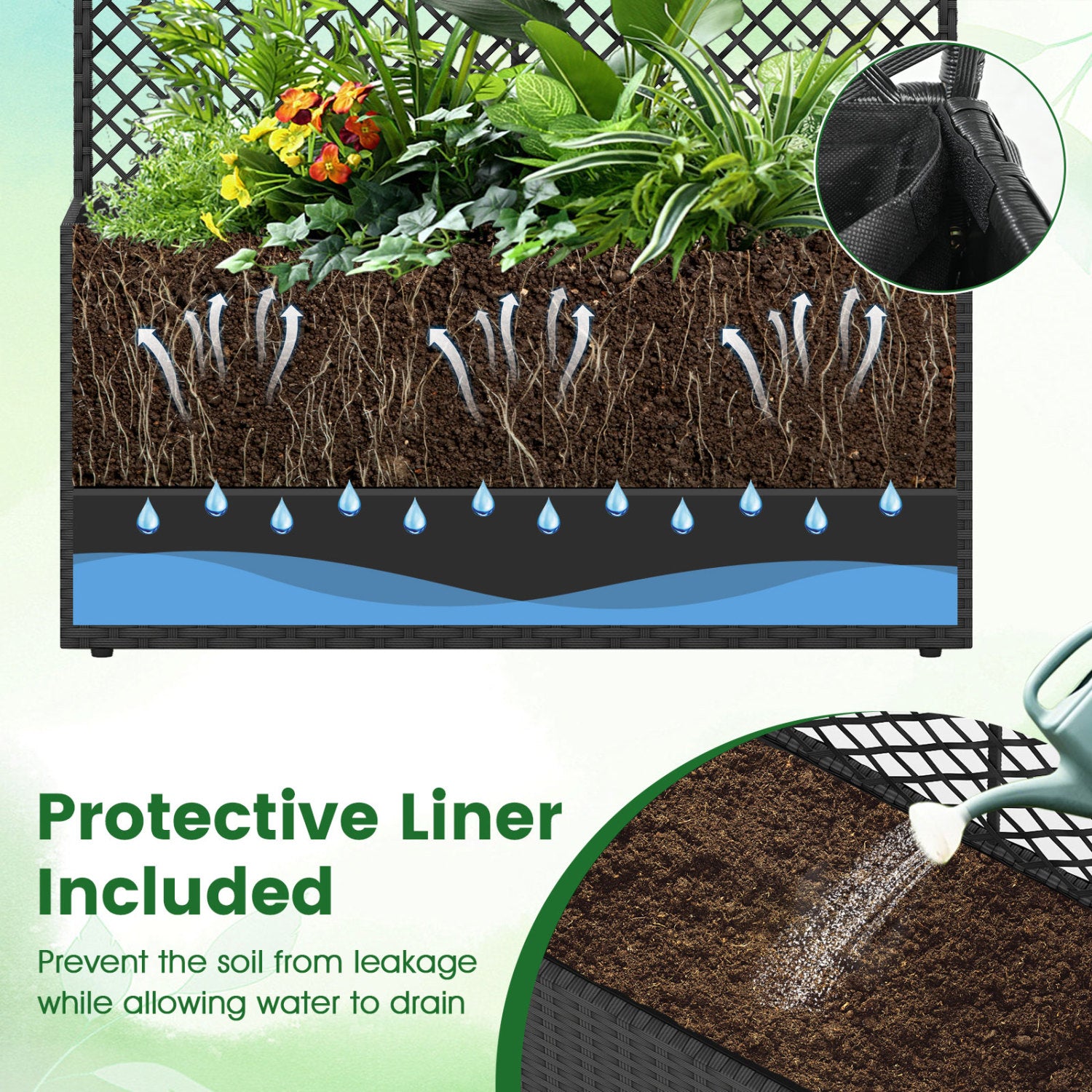Jardinière surélevée de 124 cm avec treillis et bac en osier - Noir