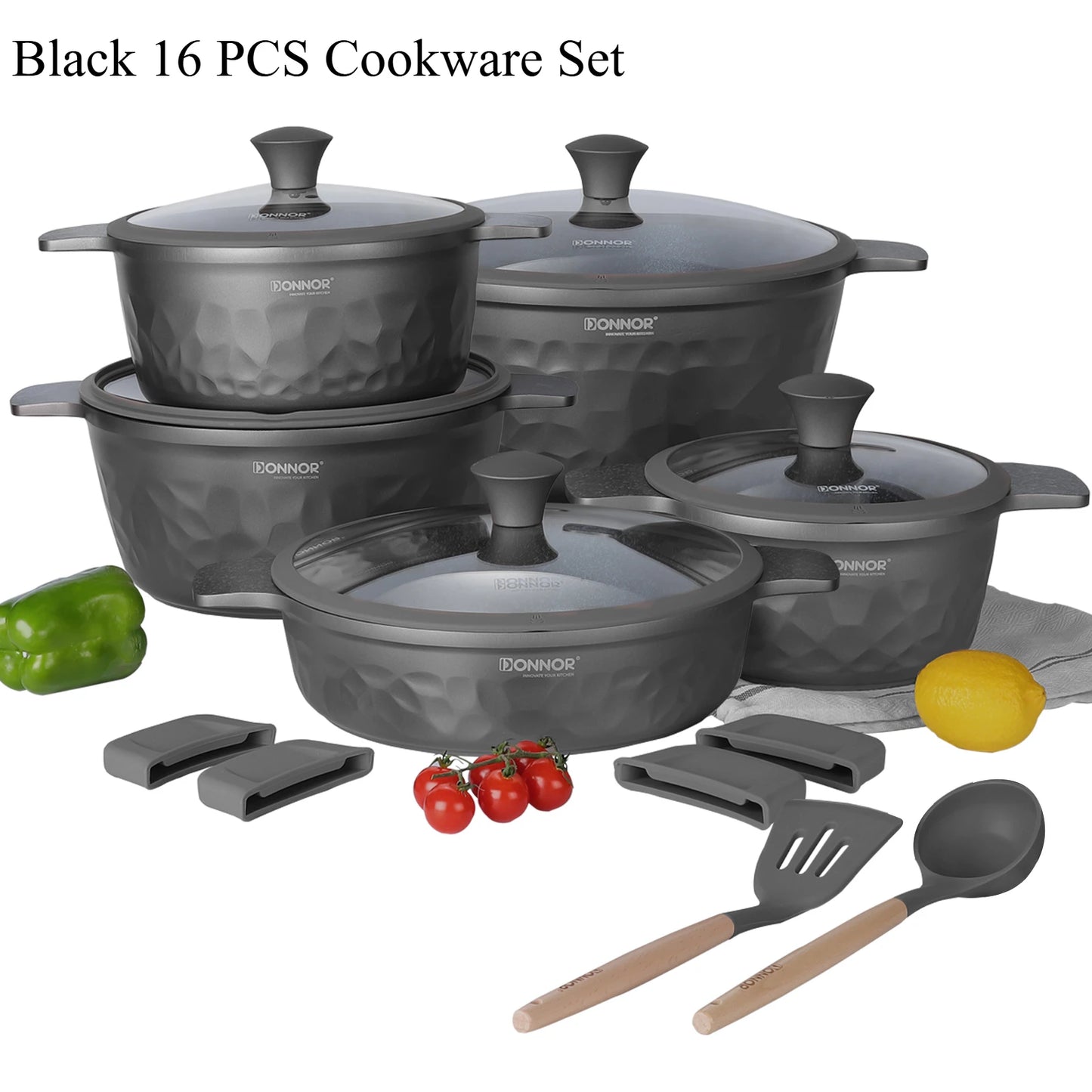 Black 16 PCS cookware set with pots, pans, and utensils on a white background