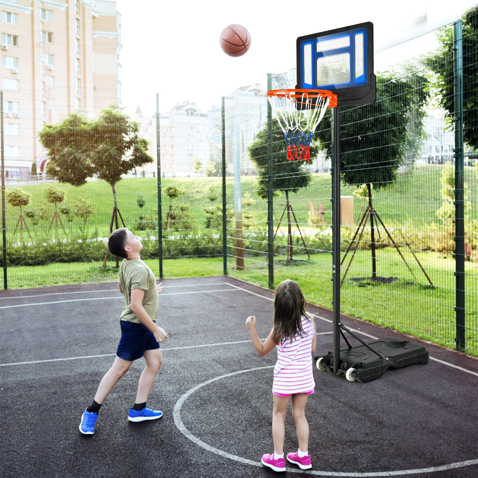 4.3-8.2 Feet Portable Basketball Hoop with Adjustable Height and Wheels-Blue