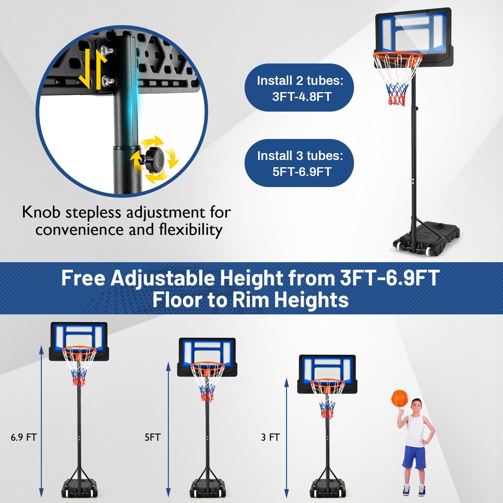 4.3-8.2 Feet Portable Basketball Hoop with Adjustable Height and Wheels-Blue