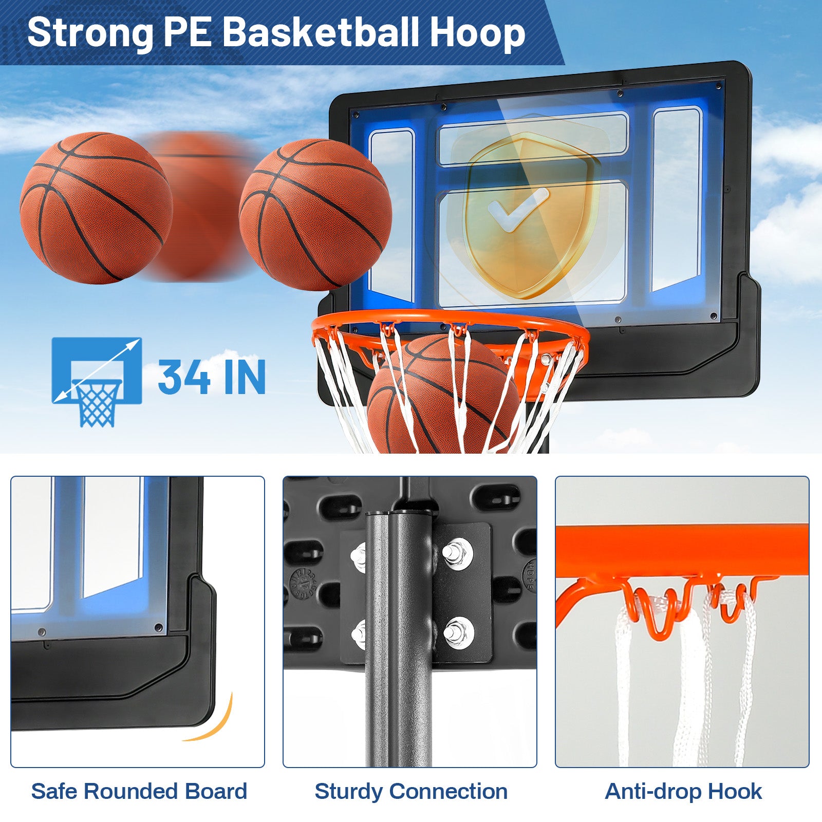 4.3-8.2 Feet Portable Basketball Hoop with Adjustable Height and Wheels-Blue