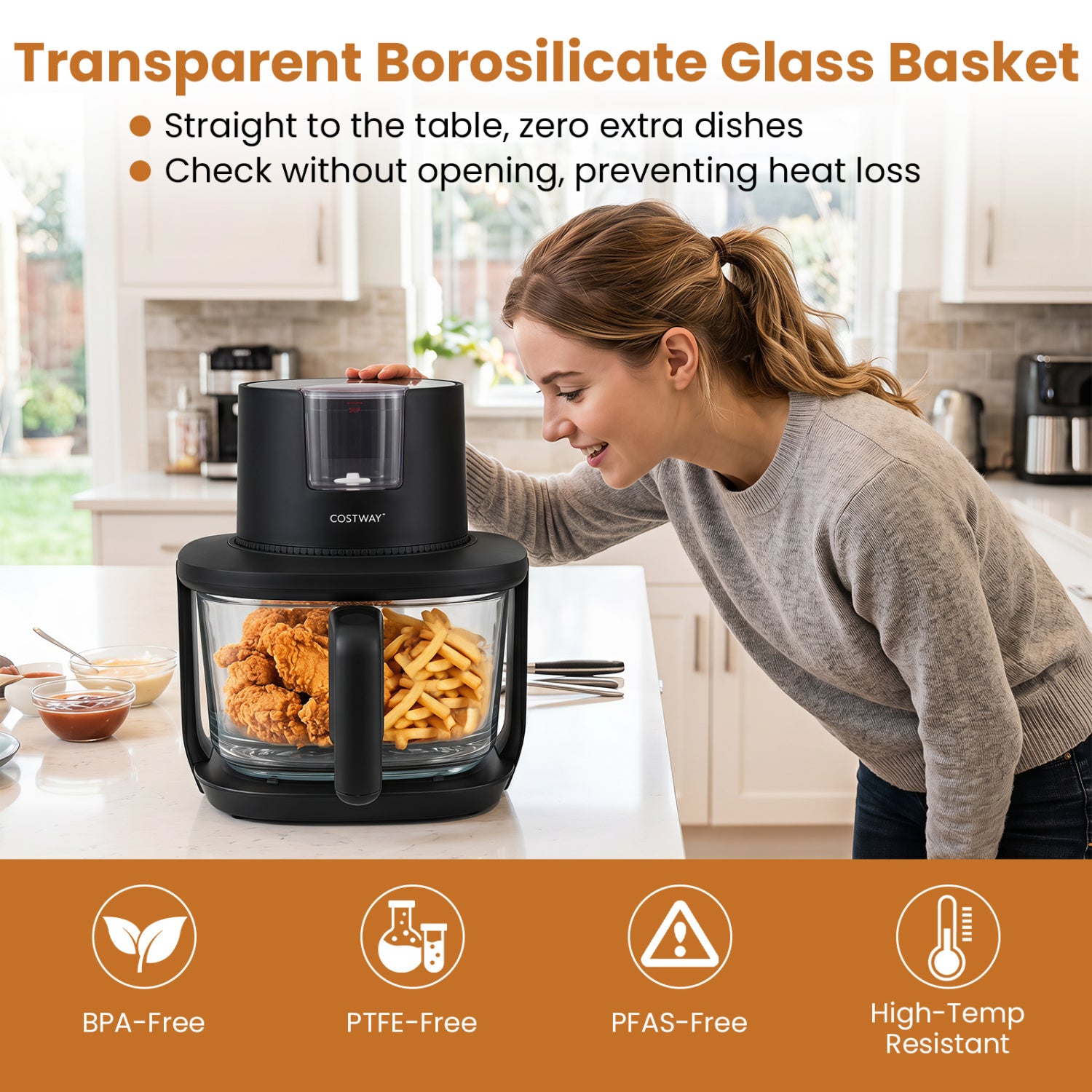 4.5L Glass Air Fryer with Steam Frying Mode-Black