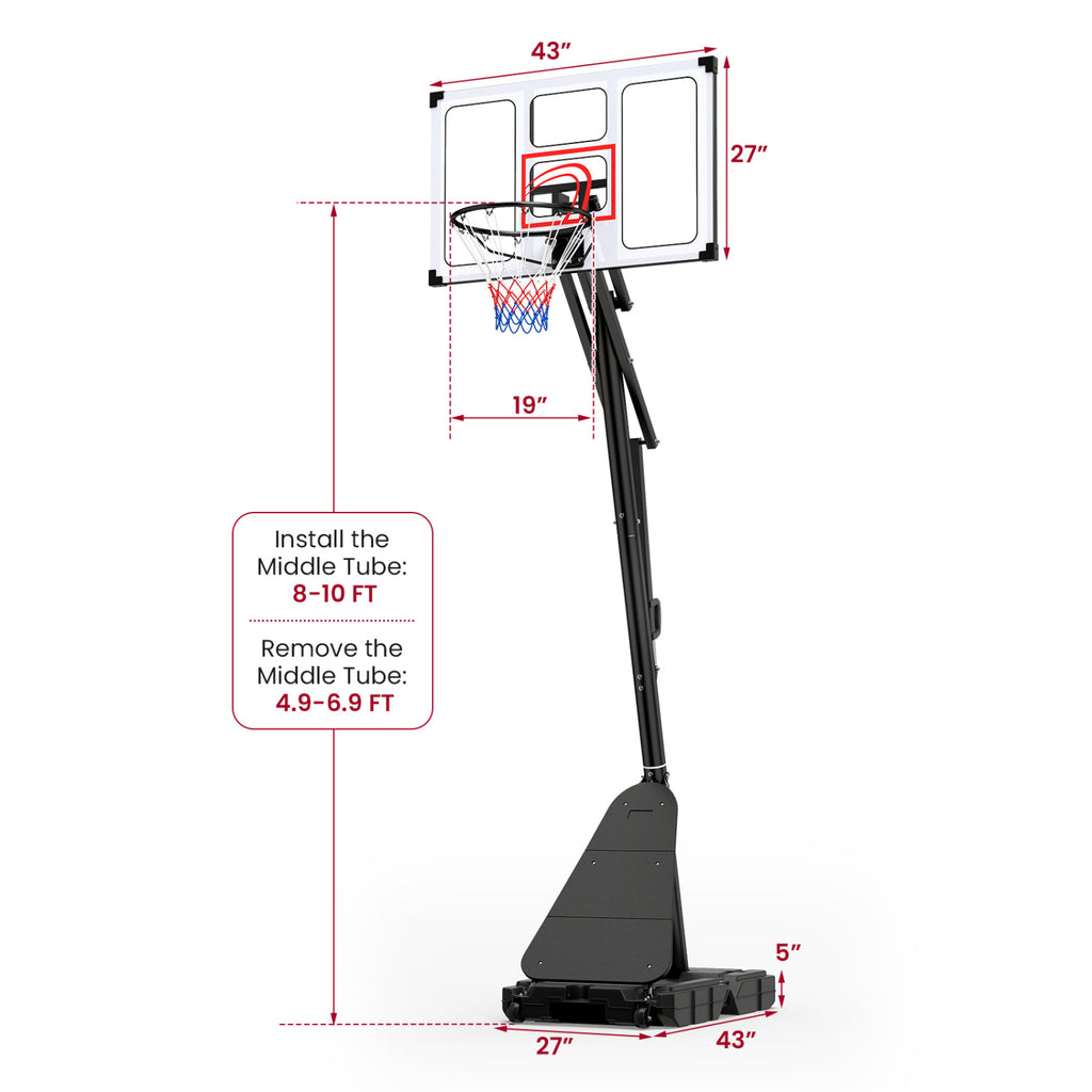 4.9-10 Feet Portable Basketball Hoop 10 Levels Adjustable with Fillable Base and Ball Storage