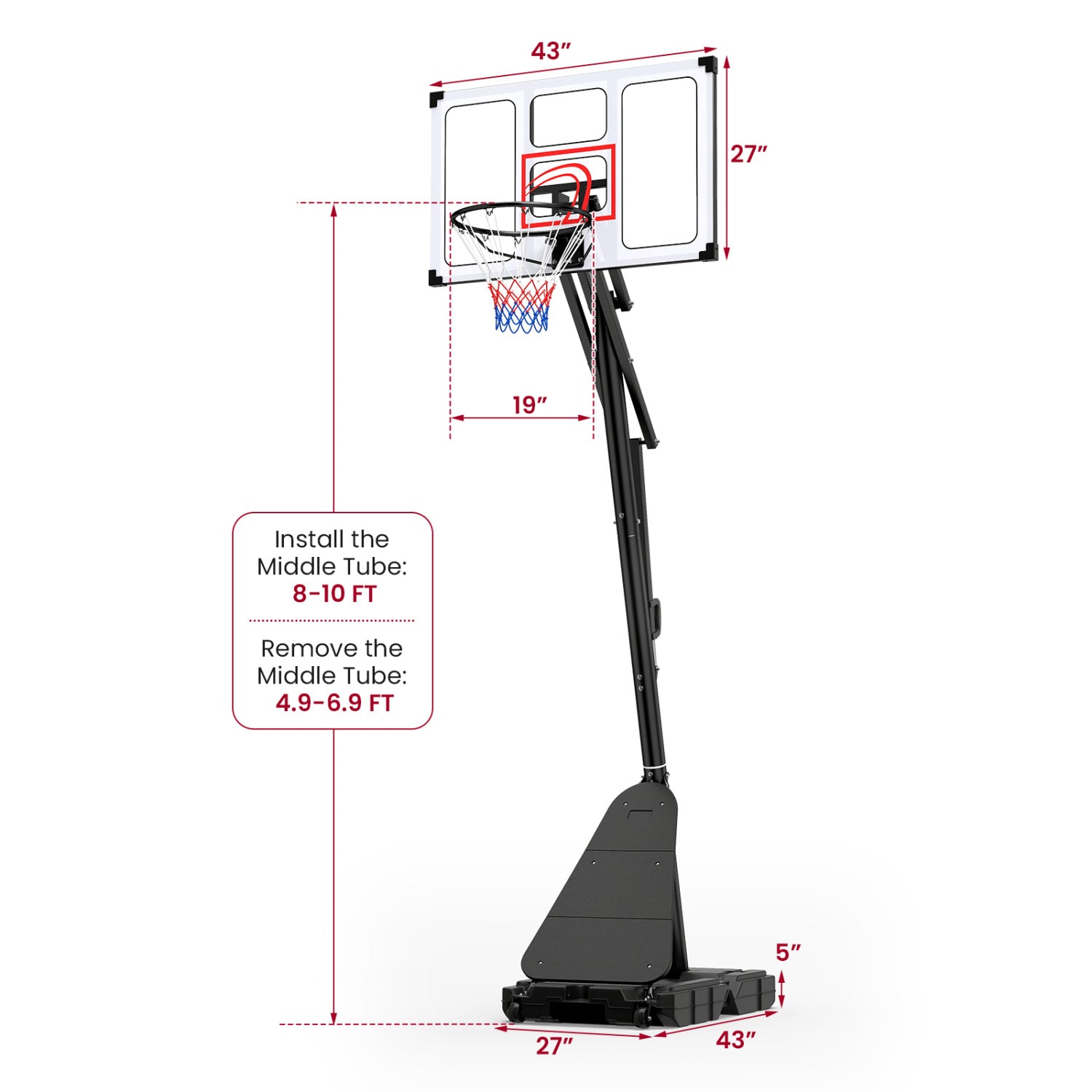 4.9-10 Feet Portable Basketball Hoop 10 Levels Adjustable with Fillable Base and Ball Storage