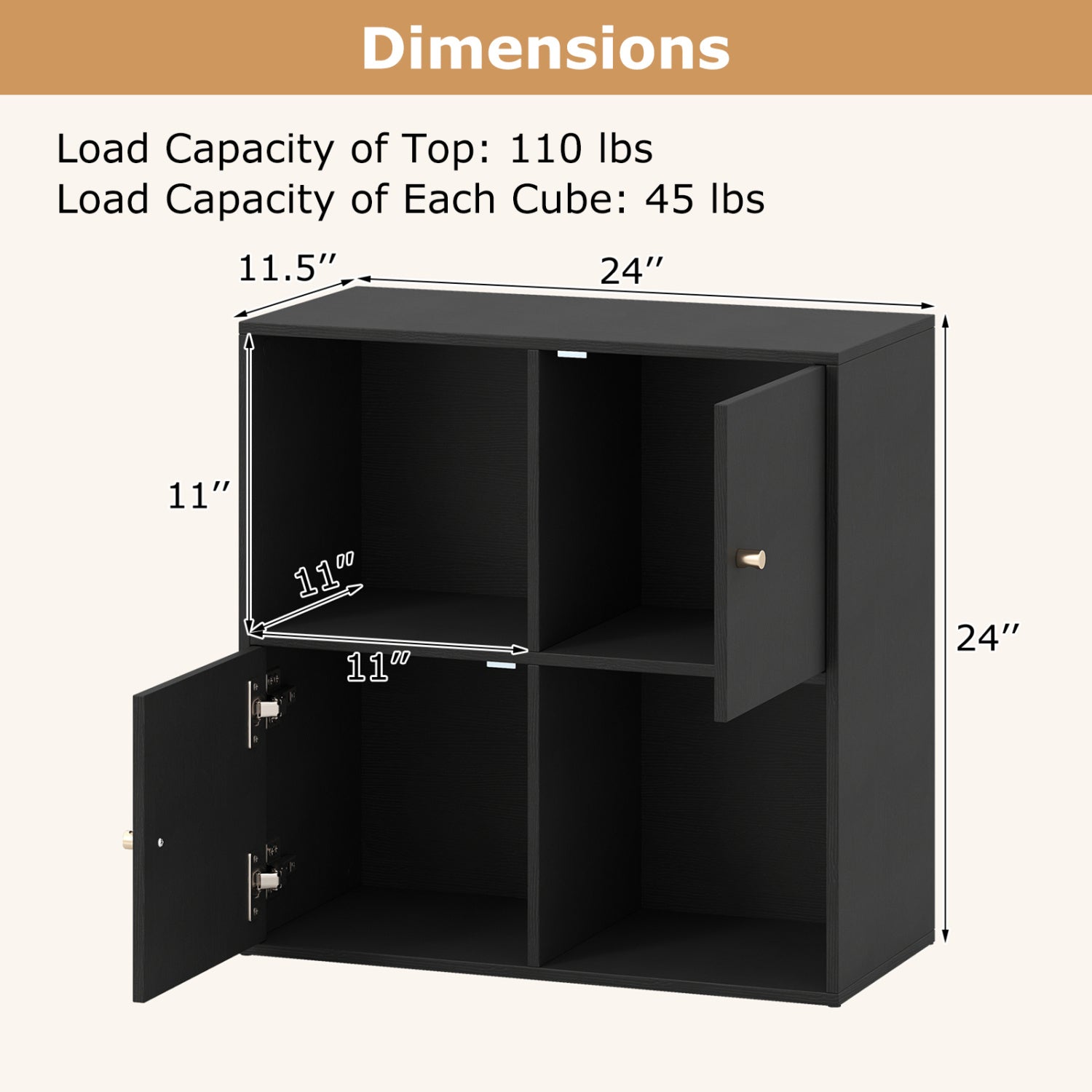 4-Cube Bookcase 3-Tier Bookshelf with Dual Anti-Tipping Kits and 2 Cabinets-Black