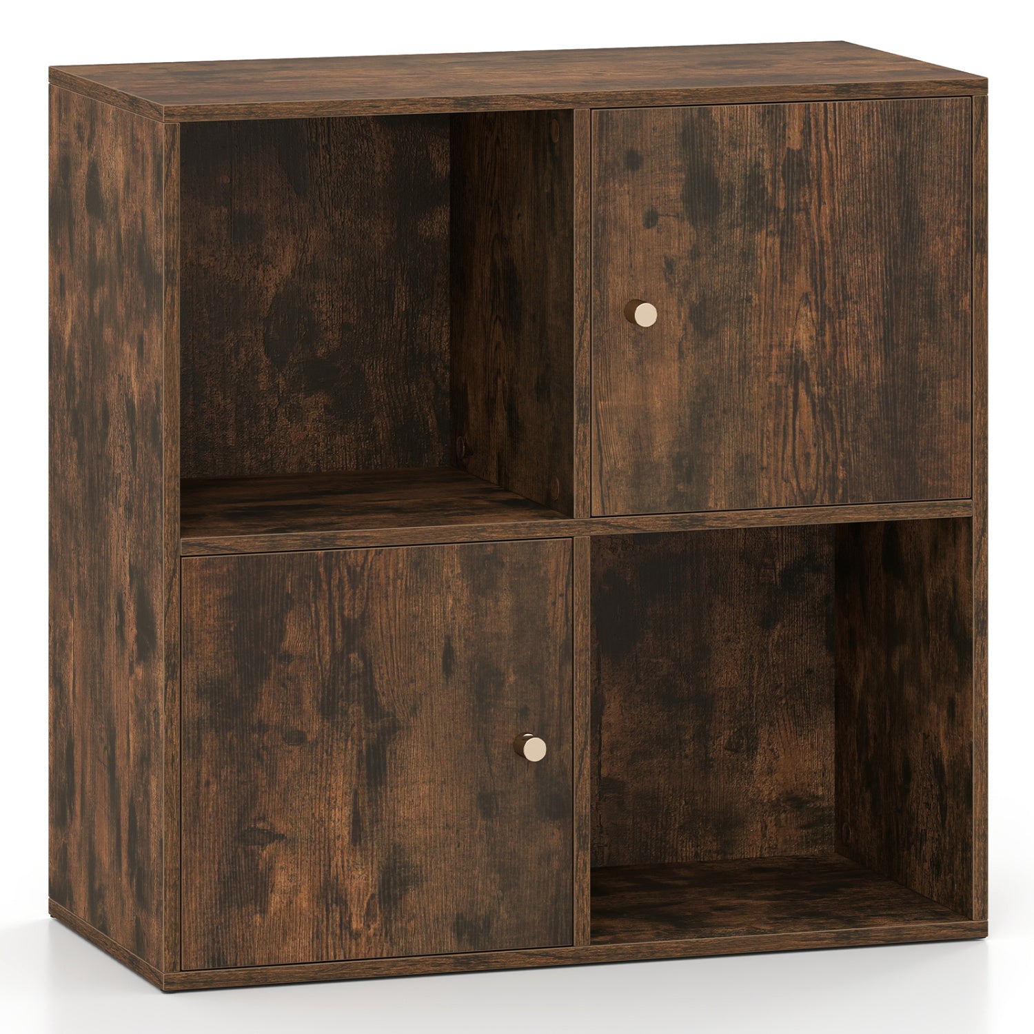 4-Cube Bookcase 3-Tier Bookshelf with Dual Anti-Tipping Kits and 2 Cabinets-Brown