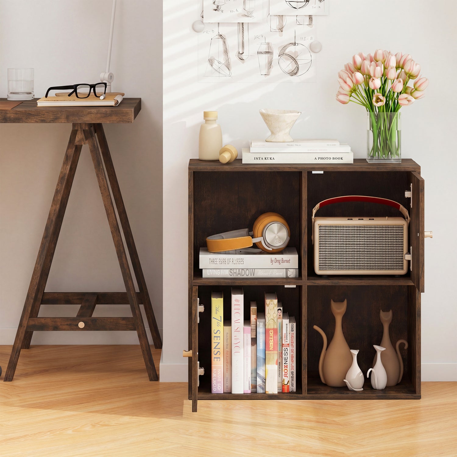 4-Cube Bookcase 3-Tier Bookshelf with Dual Anti-Tipping Kits and 2 Cabinets-Brown