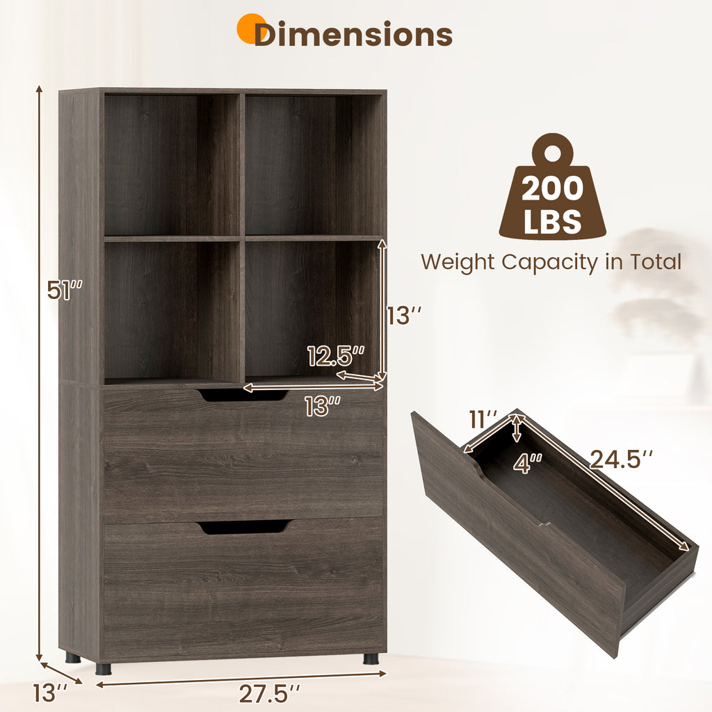 4-Cube Bookcase with 2 Drawers 51 inch 5-Tier Tall Freestanding Bookshelf-Gray