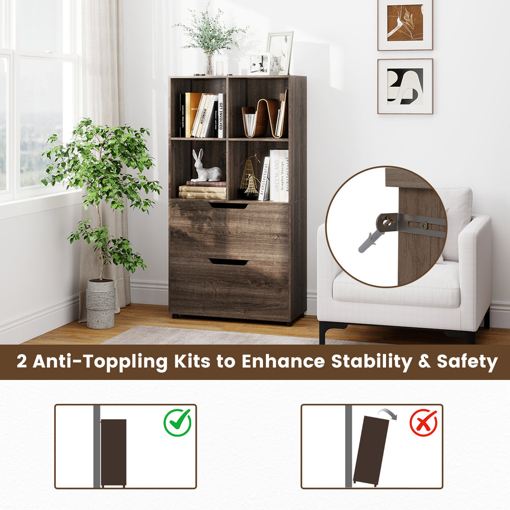 4-Cube Bookcase with 2 Drawers 51 inch 5-Tier Tall Freestanding Bookshelf-Gray