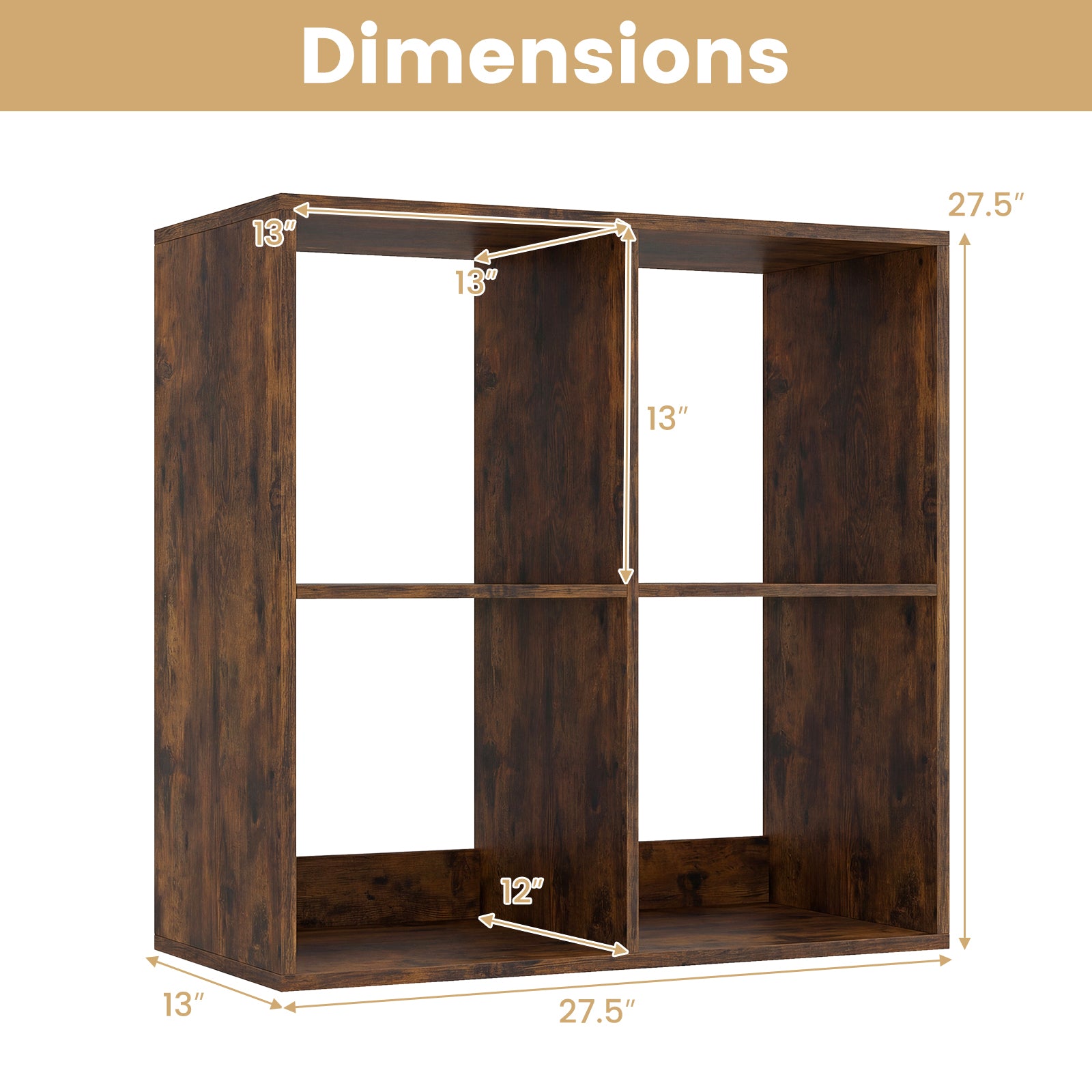 4 Cube Bookshelf with Back Guardrail for Living Room Bedroom-Coffee