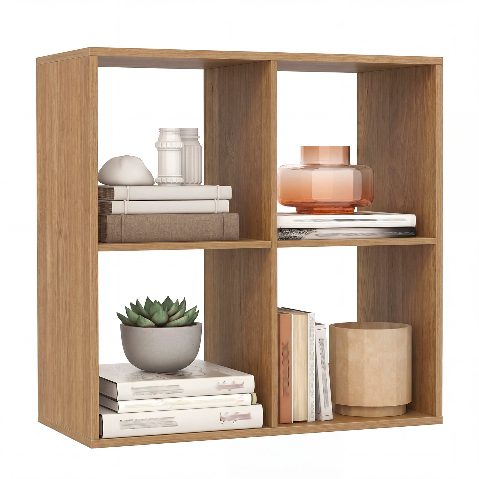 4 Cube Bookshelf with Back Guardrail for Living Room Bedroom-Natural
