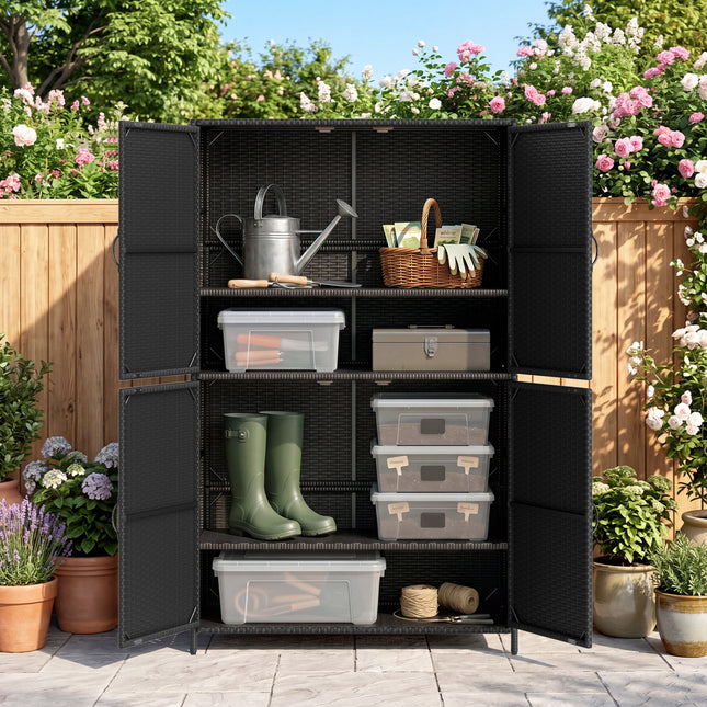 4-Door Rattan Vertical Storage Shed with Adjustable Shelves-Black